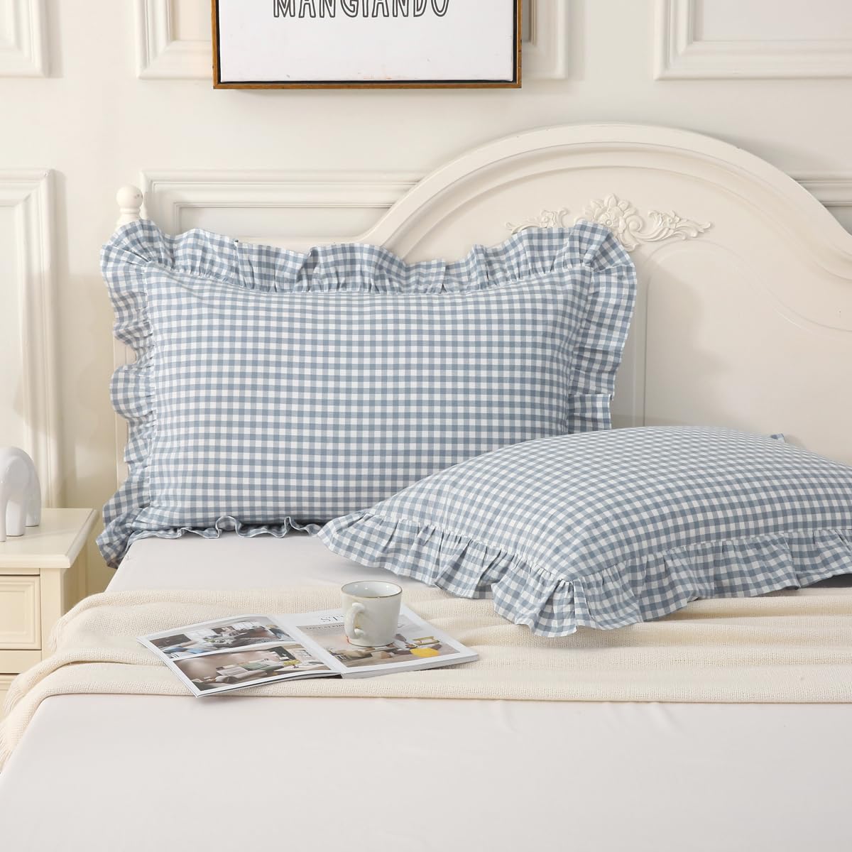 Silnuo Taupe/White Gingham Plaid Ruffled Pillow Covers Queen Size Set of 2