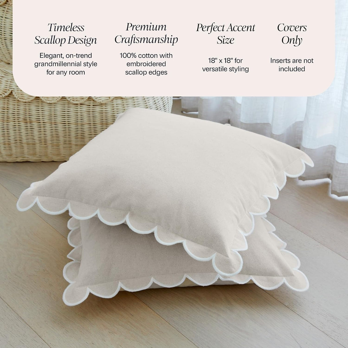 BEBE BASK Scalloped Pillow Cover Set of 2, 18x18, Cotton - Natural