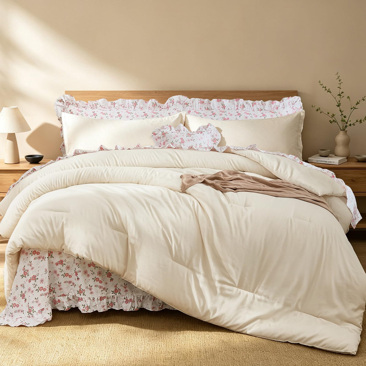 8PC Queen Comforter Set Green, Ruffle Comforter with Floral Sheets