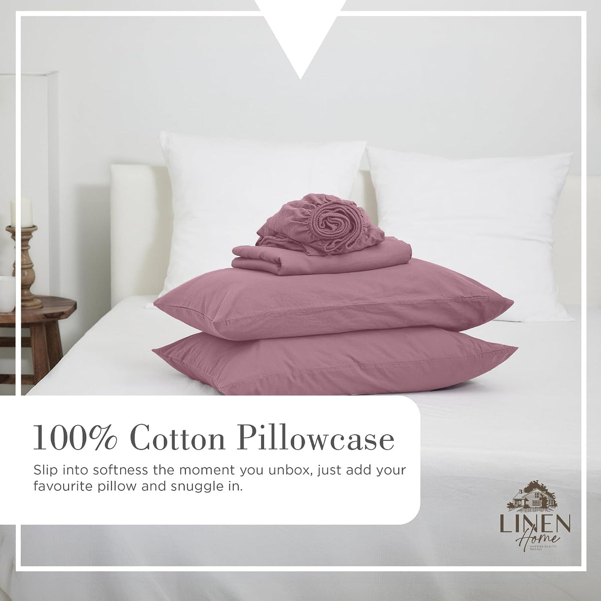 Linen Home Classic 100% Cotton Percale Pillowcases Queen Size, 2 Pieces, Crisp Cool All-Season Breathable Pillowcases, Hotel Luxury, Long-Staple Combed Cotton, Pink Mauve, 20 x 30 Inches