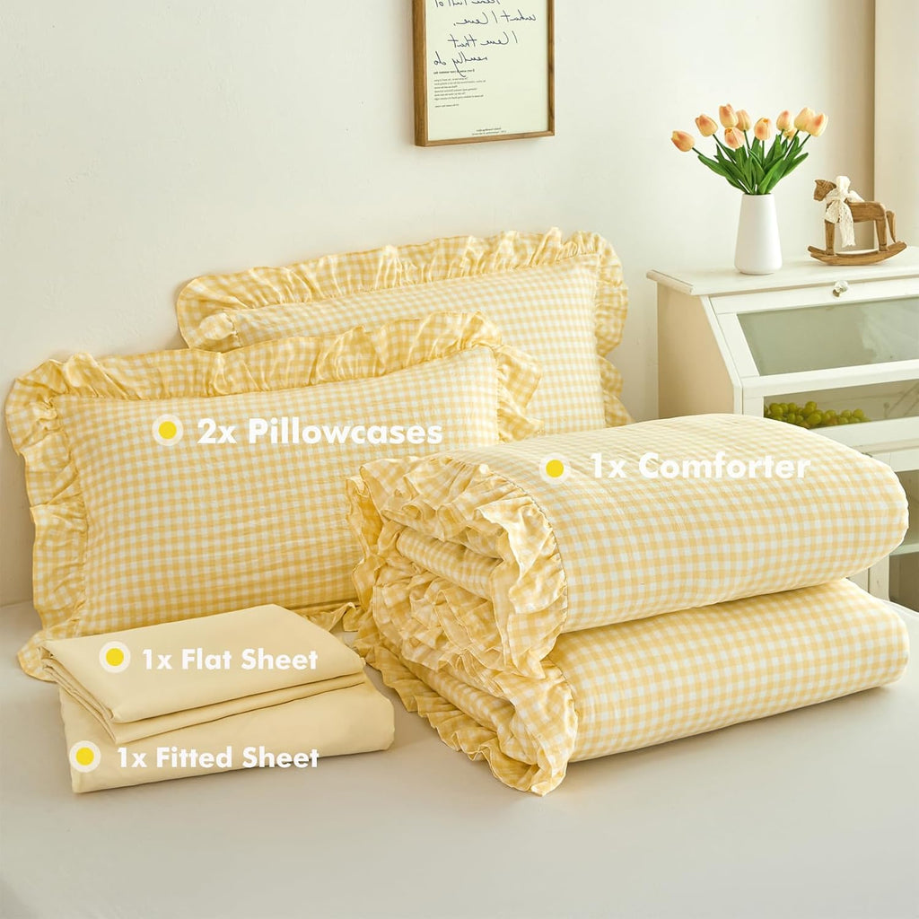 RYNGHIPY 5 Pcs Gingham Bedding Set Queen Yellow Ruffle Comforter Sets