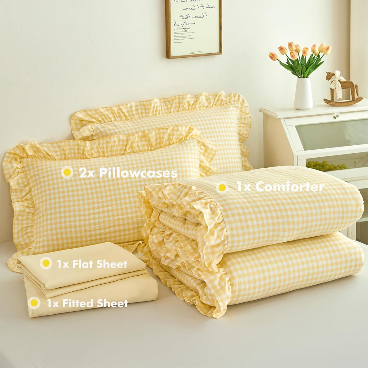 RYNGHIPY 5 Pcs Gingham Bedding Set Queen Yellow Ruffle Comforter Sets