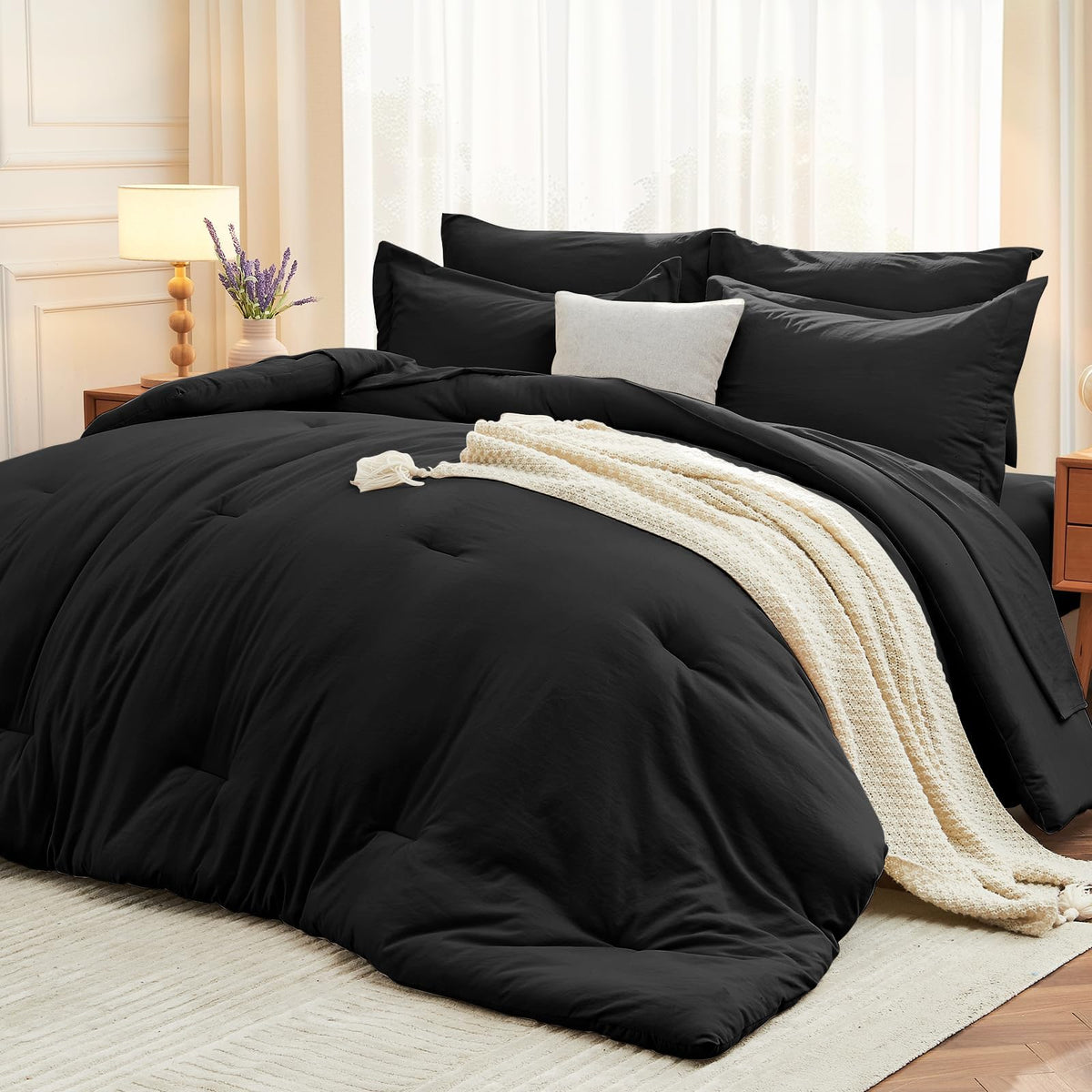 MUXHOMO King Comforter Set 7 Pieces, Soft Bed in a Bag, Beige