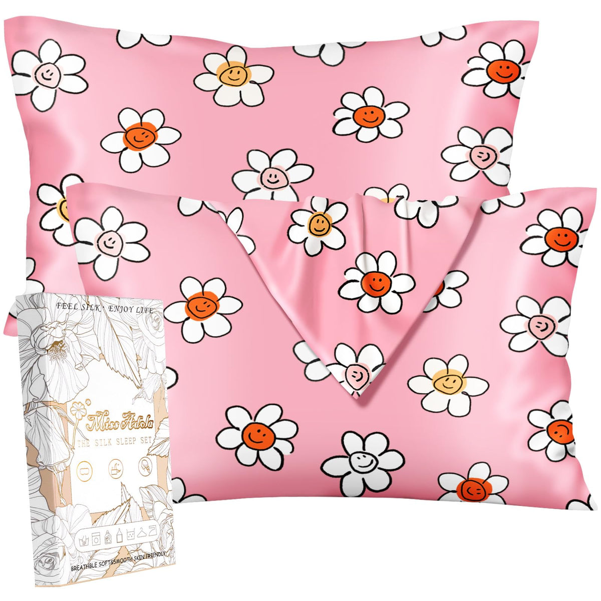 Miss Adola 2pcs Silk Pillowcase with Hidden Zipper, BLK Grow Flower