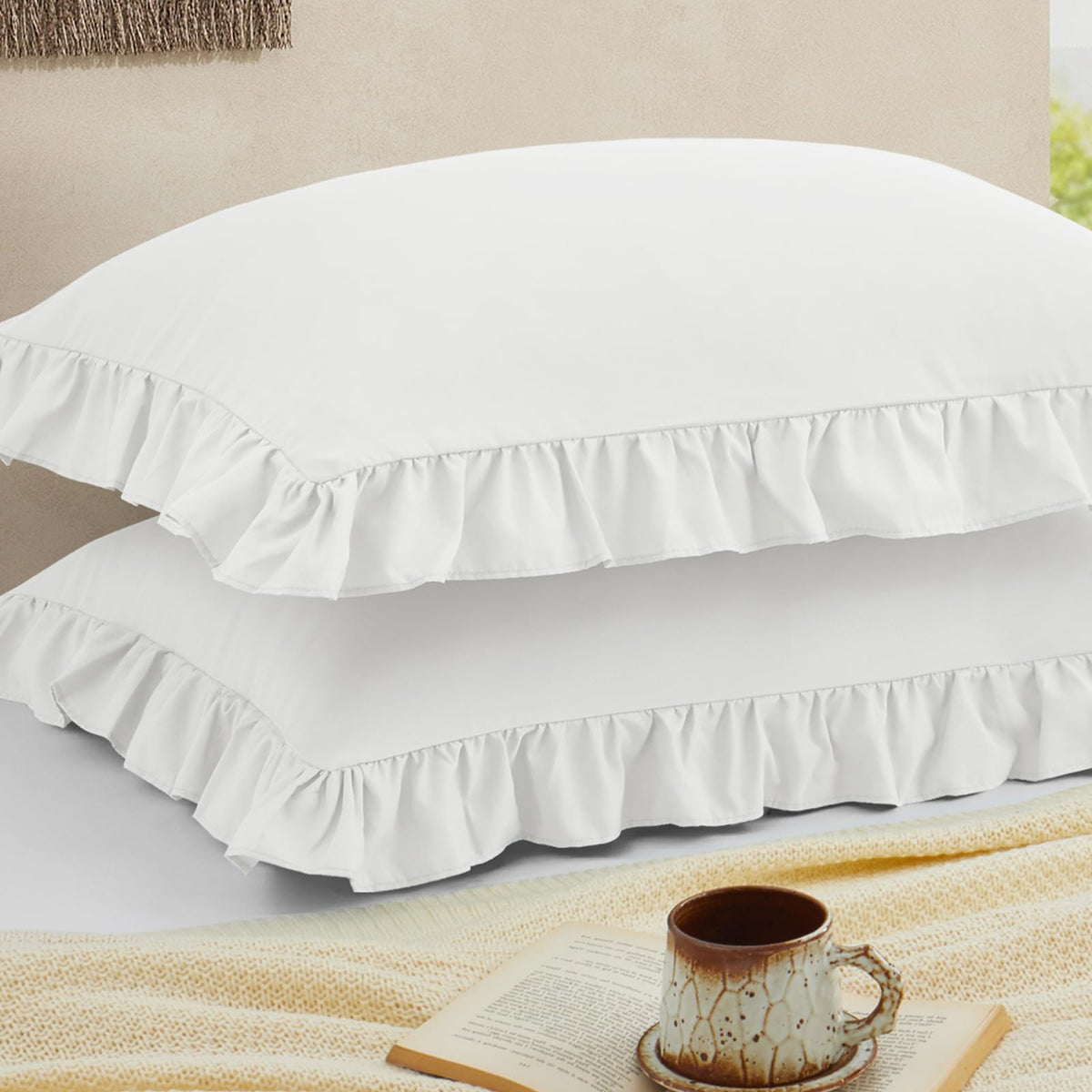 Ruffled Pillow Cases, White, Body 20"x54", Set of 1