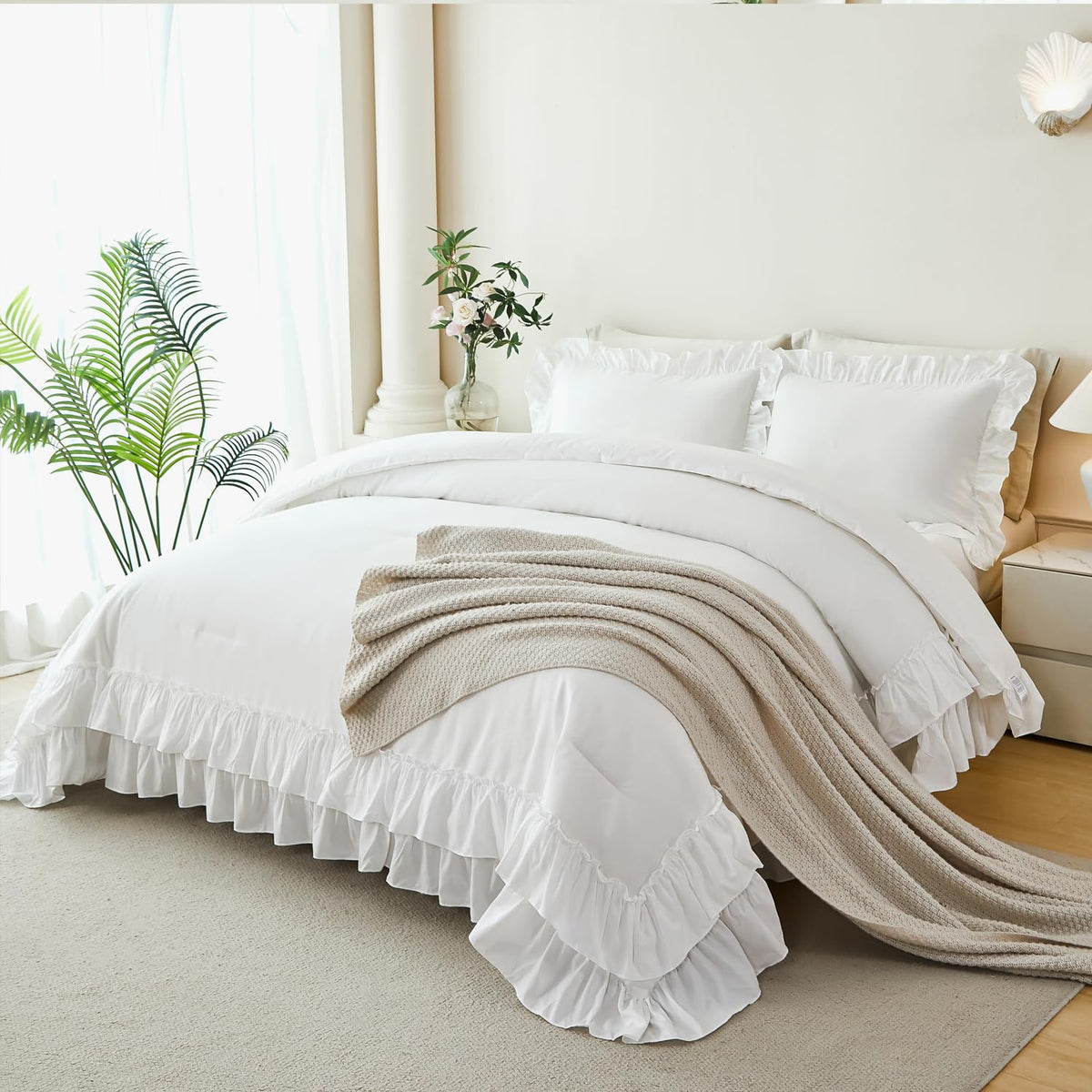 ANGIYUIN 5Pcs Beige Ruffled Comforter Set Queen Double-Layer Ruffle Bedding Comforter Set for Women Girls Fluffy Shabby Chic Bed in a Bag with Sheets(Beige Queen)