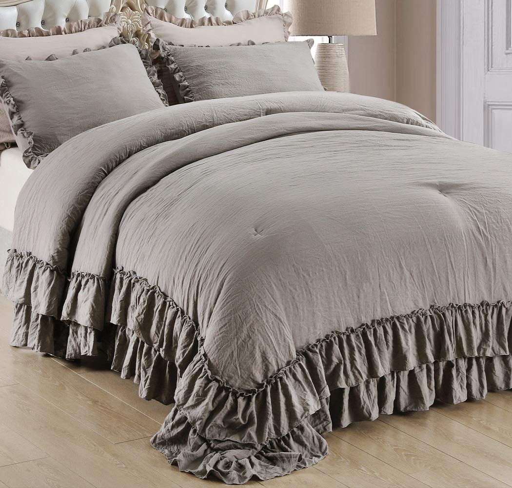 QSH Queen's House Light Blue Farmhouse Ruffled King Size Comforter Set,Lightweight Microfiber Inner Fill Fluffy Boho Chic Bedding Comforter,Ultra Soft Microfiber Inner Fill Bedding