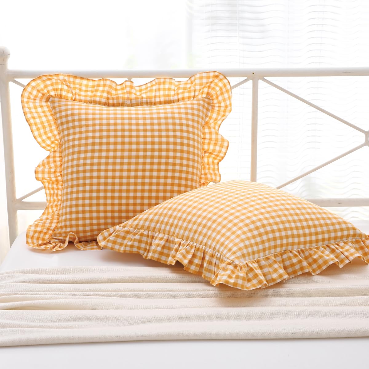 Mywinlle Taupe Plaid Gingham Ruffle Decorative Throw Pillow Covers 18"x18"