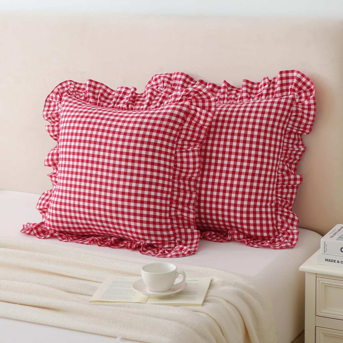 Silnuo Taupe/White Gingham Plaid Ruffled Pillow Covers Queen Size Set of 2