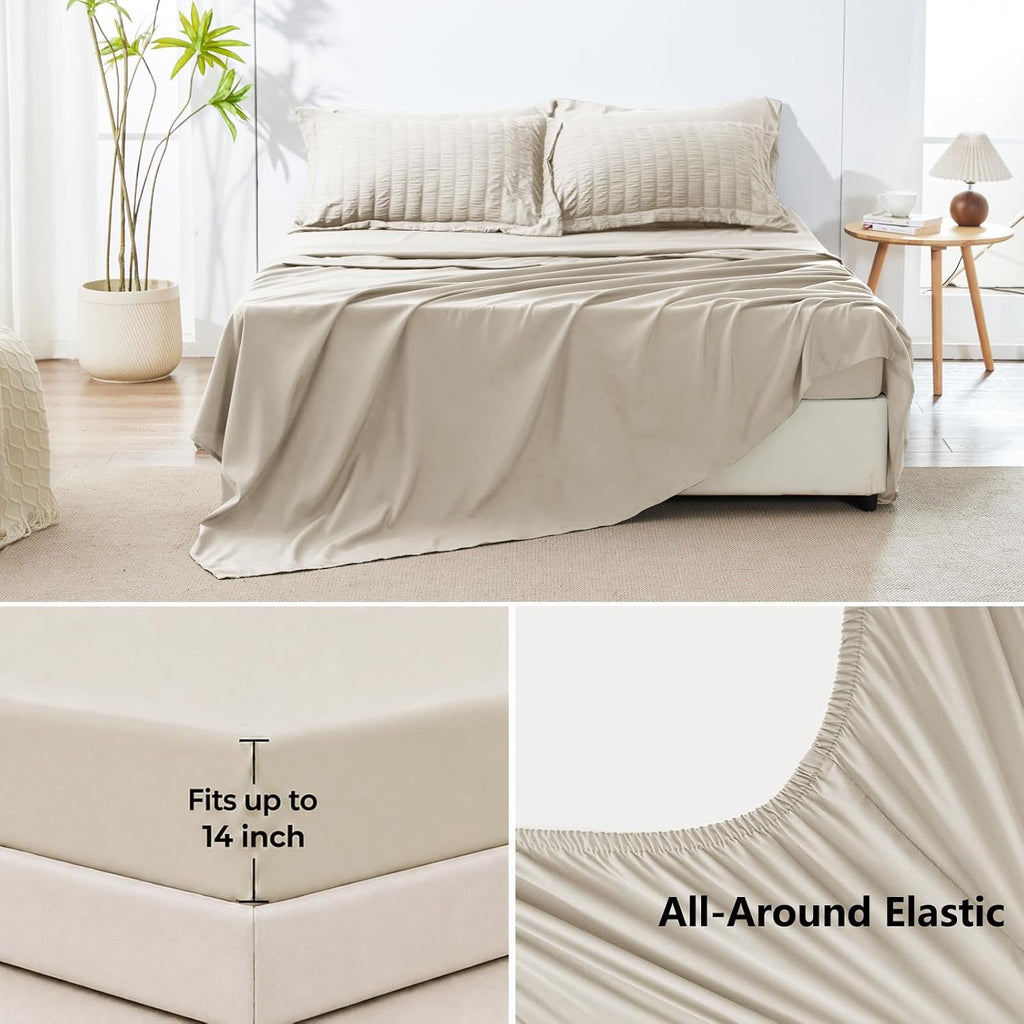 HIMEET King Comforter Set, 7-Piece Seersucker Bed in a Bag, Beige
