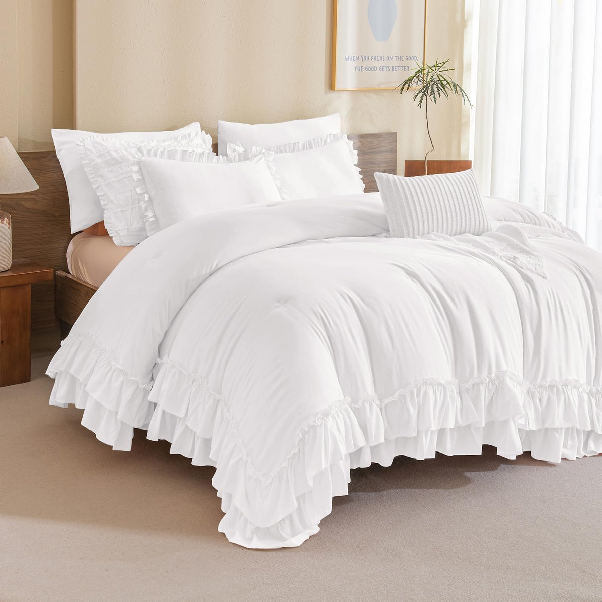 Masaca Ruffled Comforter Set Queen,Farmhouse Shabby Boho Chic Bedding Wheat and White Ruffle Comforter Vintage Rustic French Country Elegant Bedding Set 3PCS