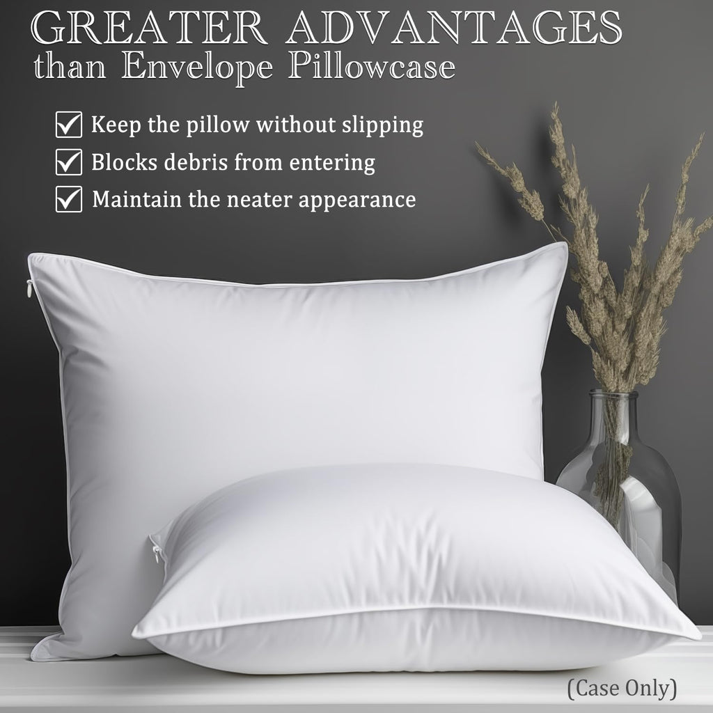 White Pillow Cases Standard Size 100% Cotton with Zipper, Set of 2, 20X26