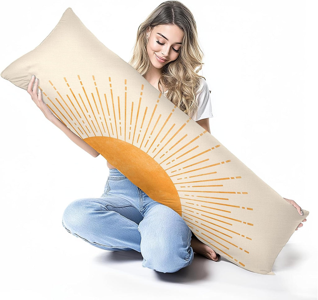 Boho Orange Sun Sunshine 20x54 Body Pillow Cover Case, Mid Century Modern Boho Horizontal Sunset Sunrise Decorative Long Hug Pillow Cases for Bed Couch