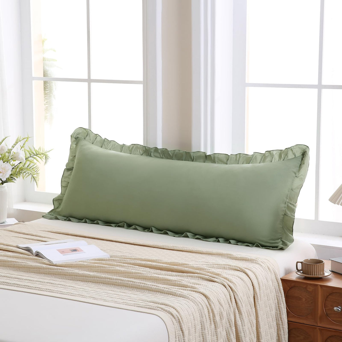 Boho White Body Pillowcase 20x54in - Ruffled Fringe Decor Sham