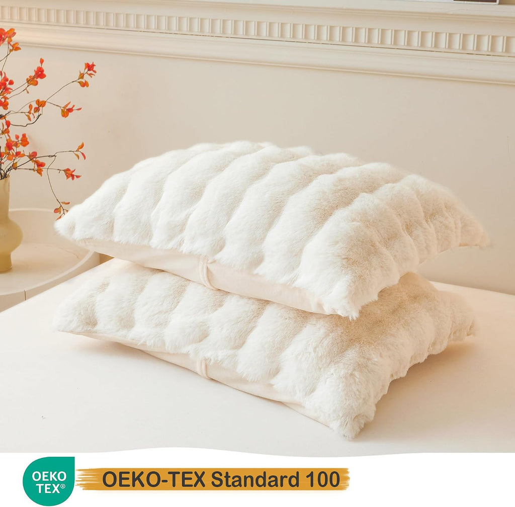 LIFEREVO 2 Pack Fluffy Faux Rabbit Fur Standard Pillow Cases, Beige