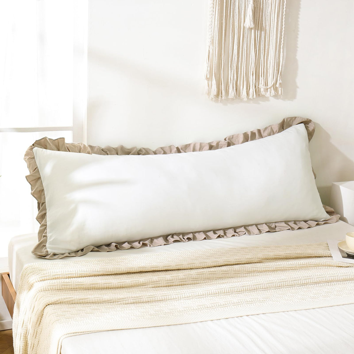 Boho White Body Pillowcase 20x54in - Ruffled Fringe Decor Sham