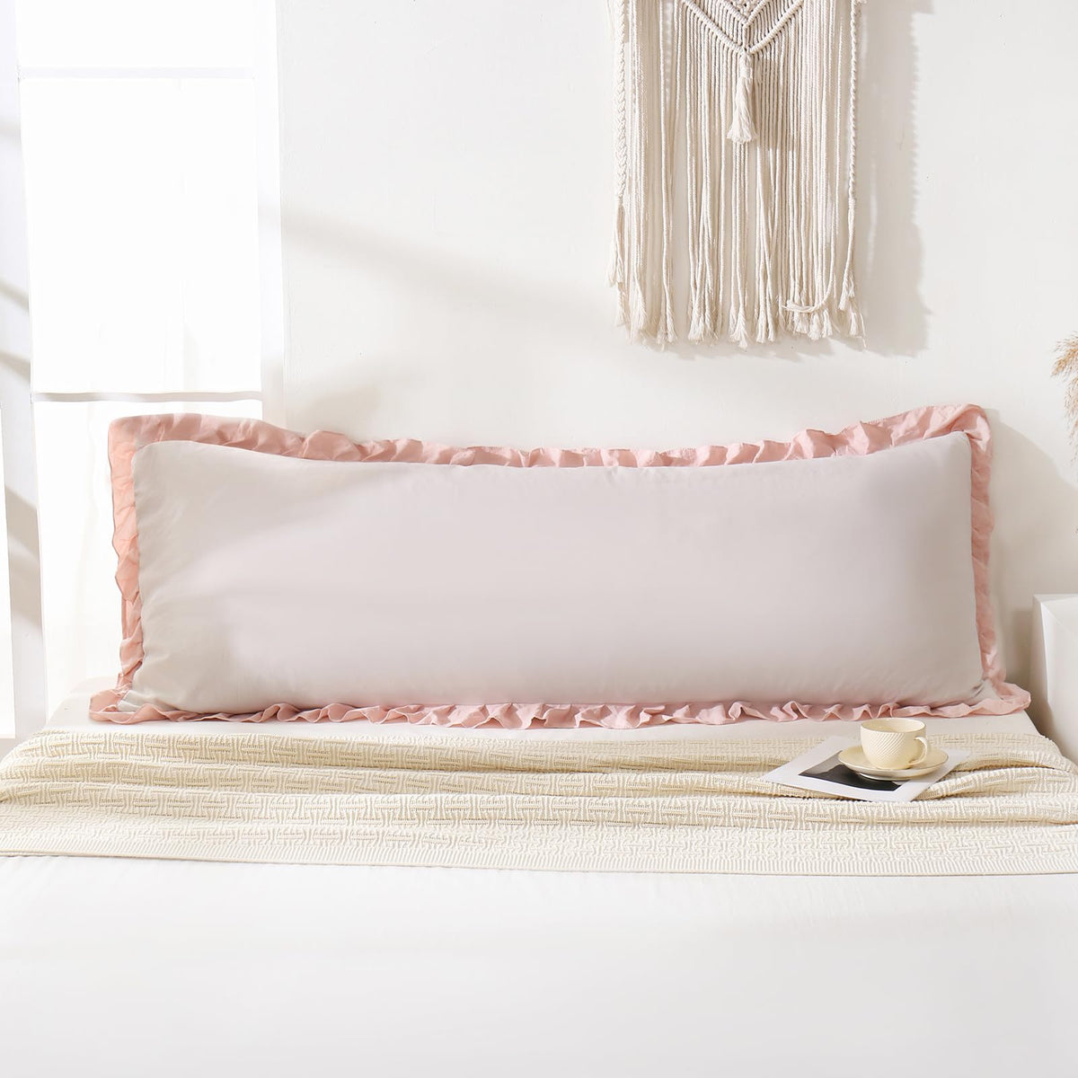Boho White Body Pillowcase 20x54in - Ruffled Fringe Decor Sham