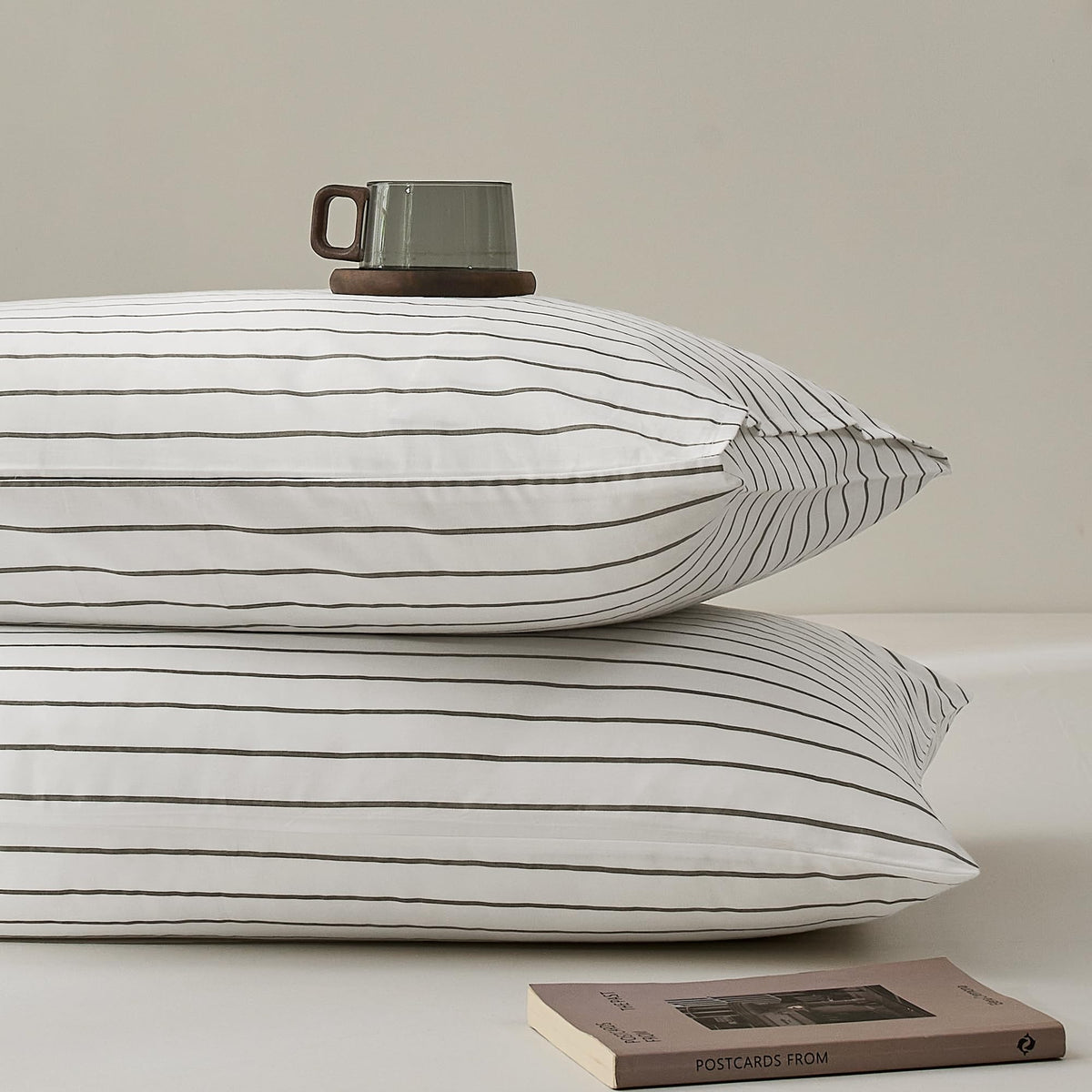 JELLYMONI Cotton Classic Striped Pillowcases Set of 2, Tan, Standard