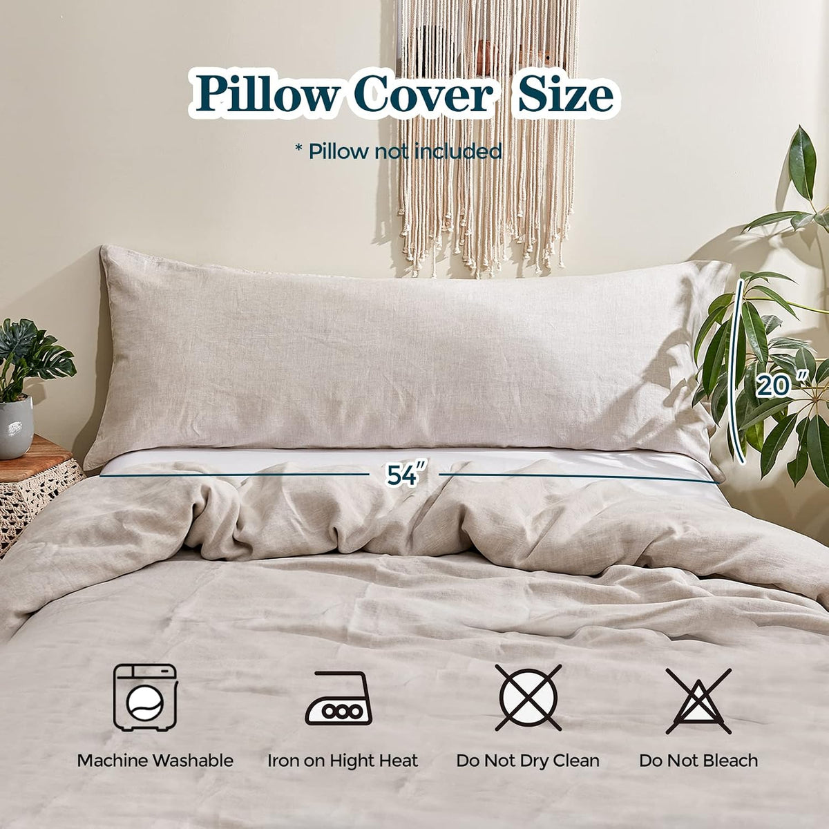 Simple&Opulence Body Pillow Cover 20" x 54",100% Pure Linen, Ultra Soft and Breathable, Body Pillowcase with Envelope Closure for Adults(Linen)
