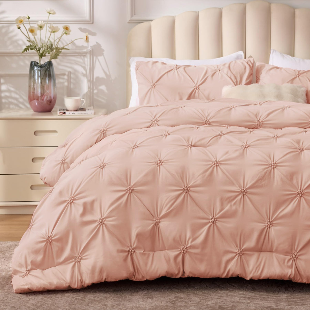 BEDELITE King Comforter Set Striped-Blush Pink,Fluffy & Soft Comforter