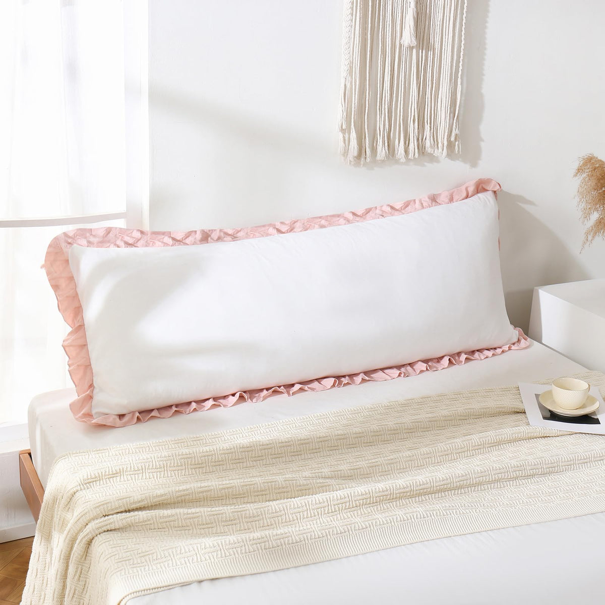 Boho White Body Pillowcase 20x54in - Ruffled Fringe Decor Sham