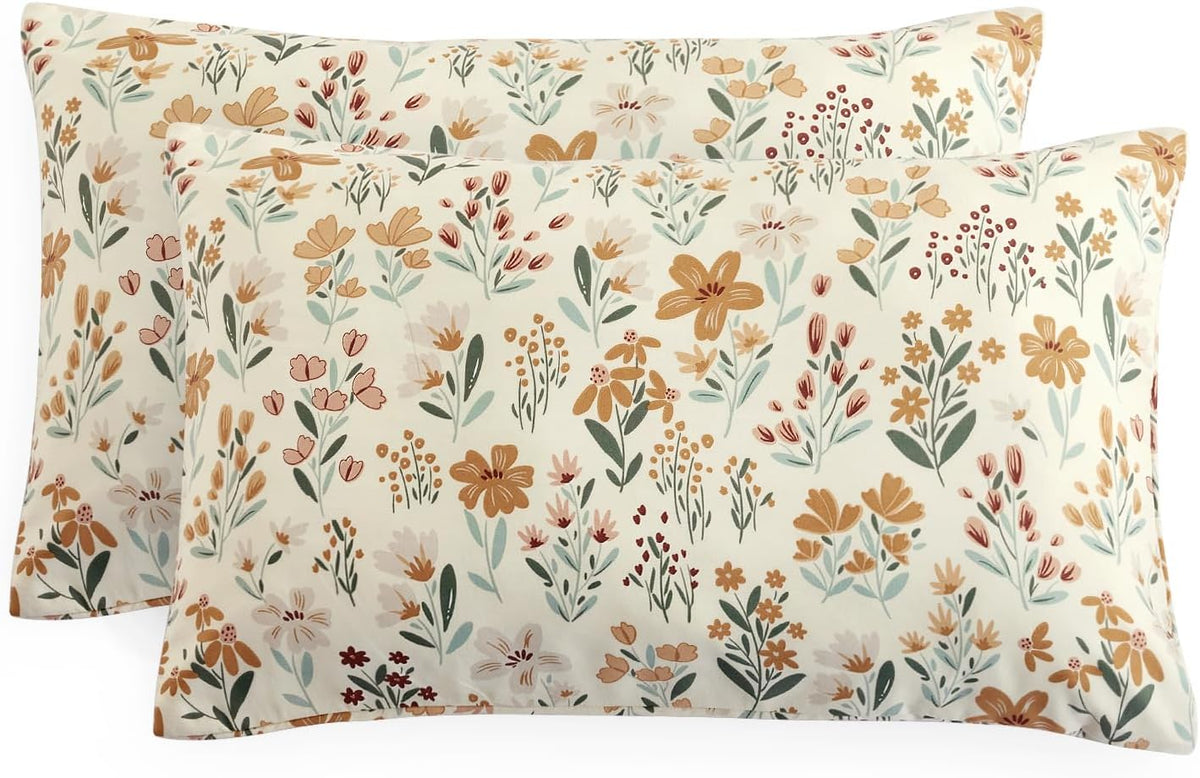 Wake In Cloud - Floral Pillow Cases, Botanical Flower Coquette Cottagecore Shabby Chic Aesthetic, Set of 2 Soft Pillowcases Pillow Shams Covers, Orange Cream, King Size 20x36 Inches
