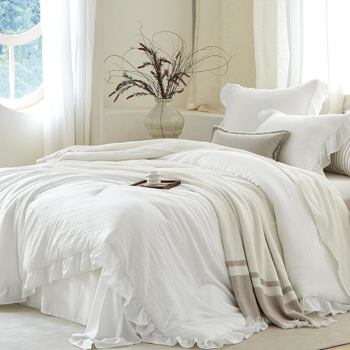 Beige Ruffle 2 Pieces Comforter Set Twin Shabby Chic Bedding Set