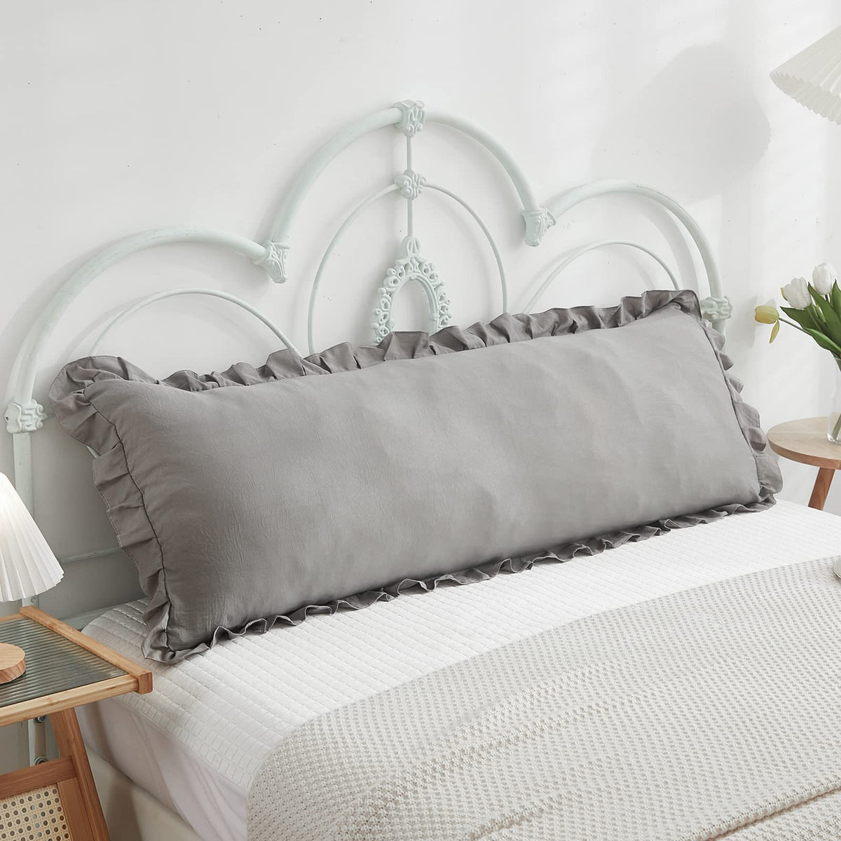 Boho White Body Pillowcase 20x54in - Ruffled Fringe Decor Sham