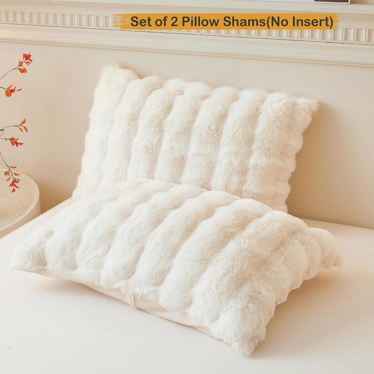 LIFEREVO 2 Pack Fluffy Faux Rabbit Fur Standard Pillow Cases, Beige