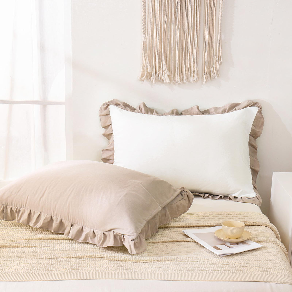 Boho White Body Pillowcase 20x54in - Ruffled Fringe Decor Sham