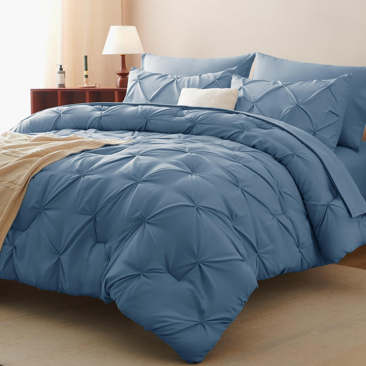 HIMEET Queen Comforter Set Black - 7 Pieces Pintuck Bed in a Bag