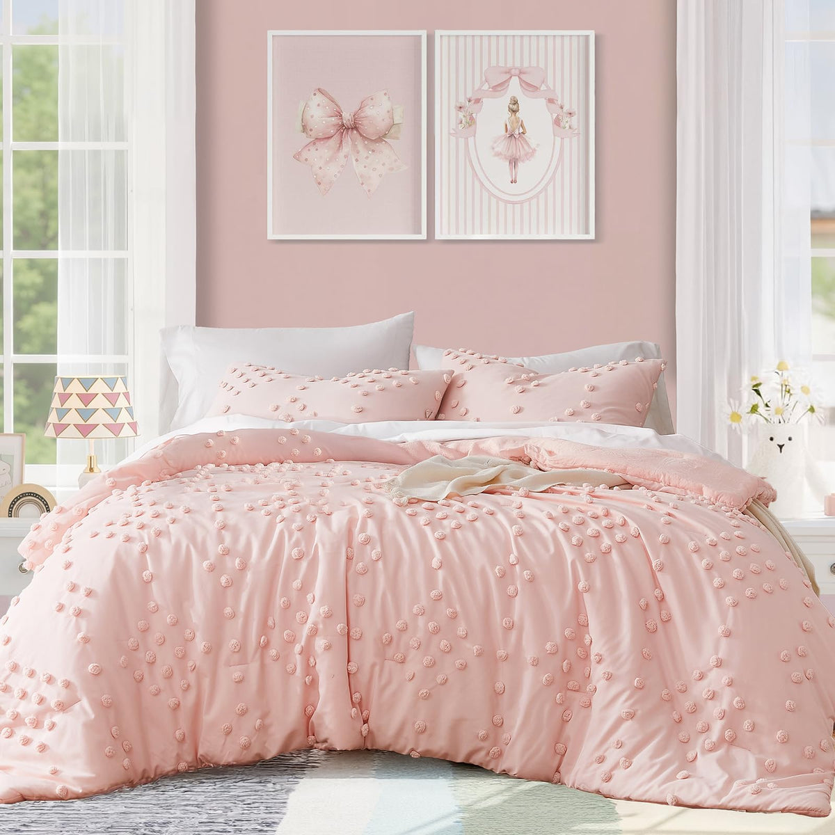 Queen Comforter Set - 7 Pieces Pink Bedding Set Bow Jacquard Bed in a Bag