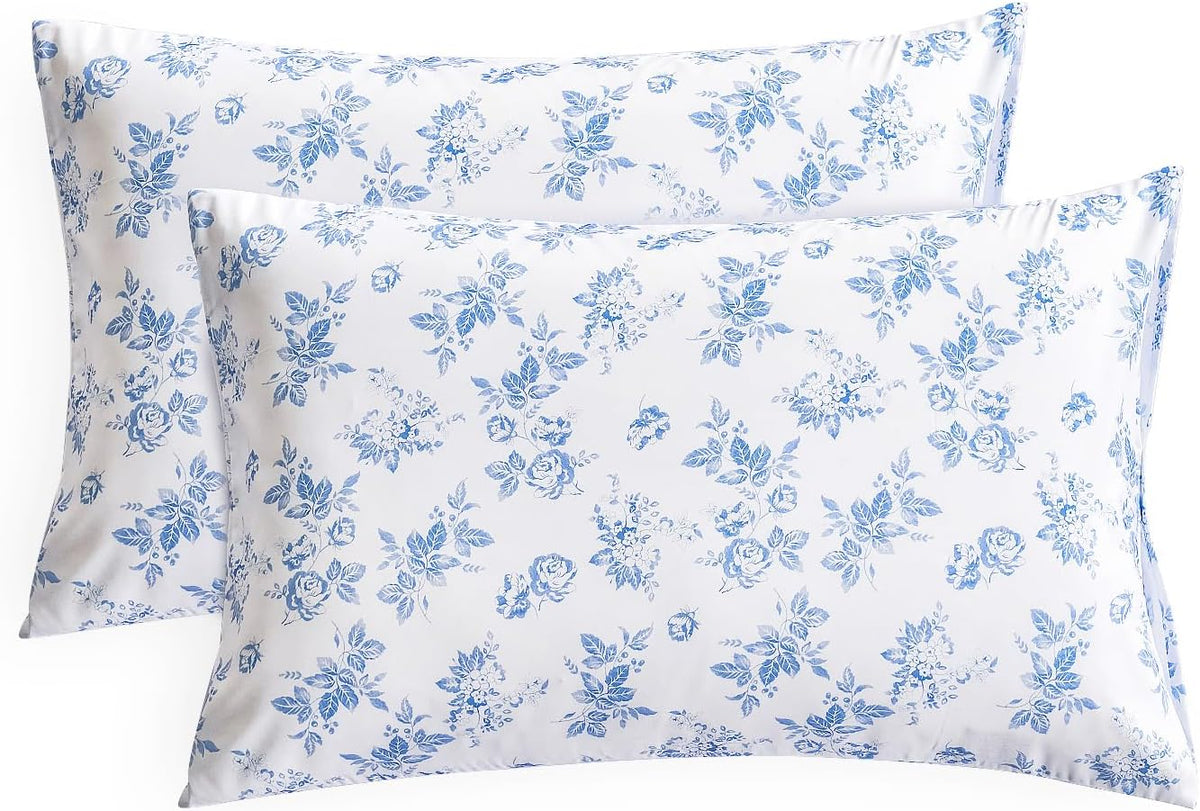 Wake In Cloud - Cottagecore Pillow Cases, Floral Shabby Chic Vintage Flower Shabby Chic Coquette Aesthetic, Set of 2 Soft Pillowcases Pillow Shams Covers, Light Blue, Standard Size 20x26 Inches