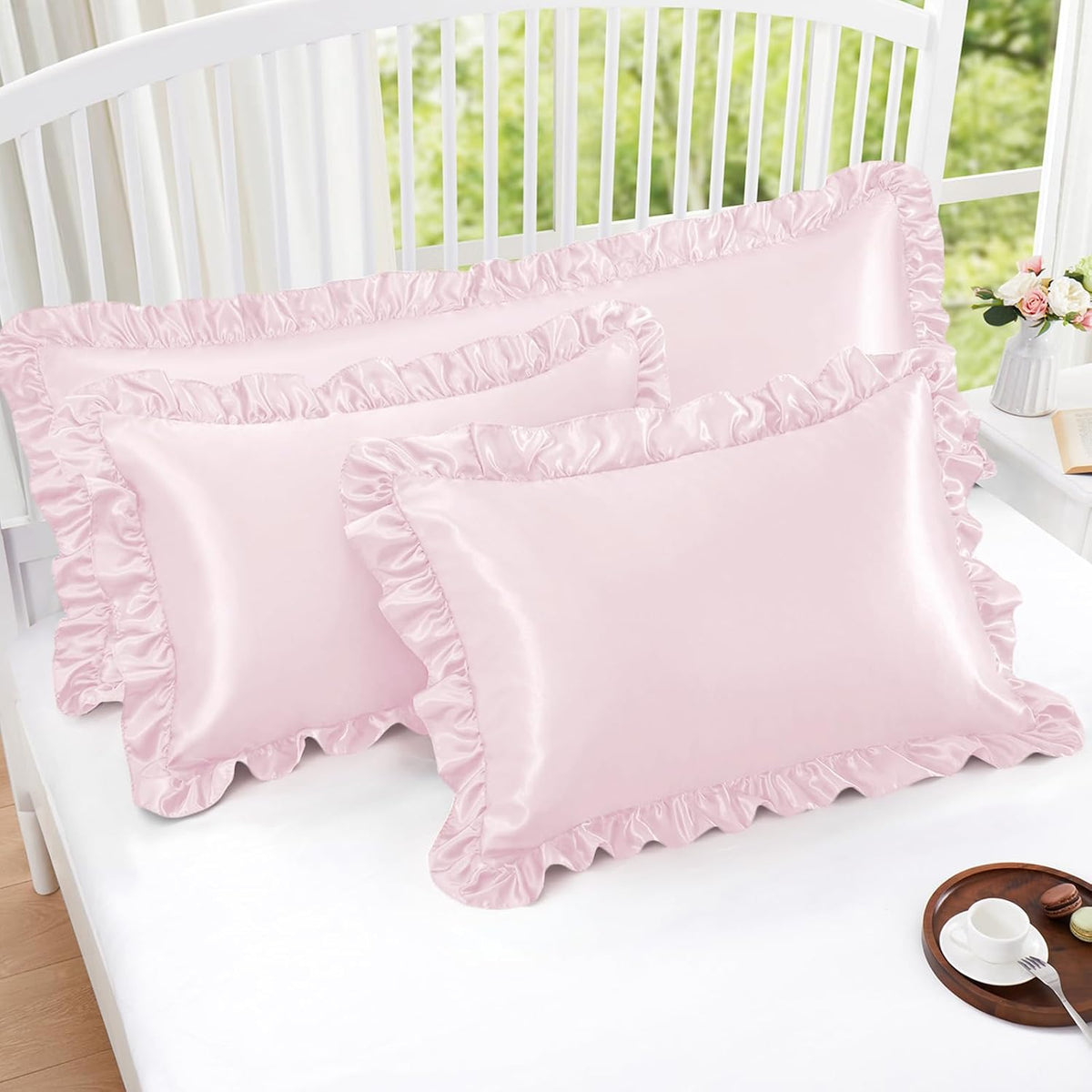 Homiest Blush Pink Ruffle Satin Pillowcase Set of 2, Standard