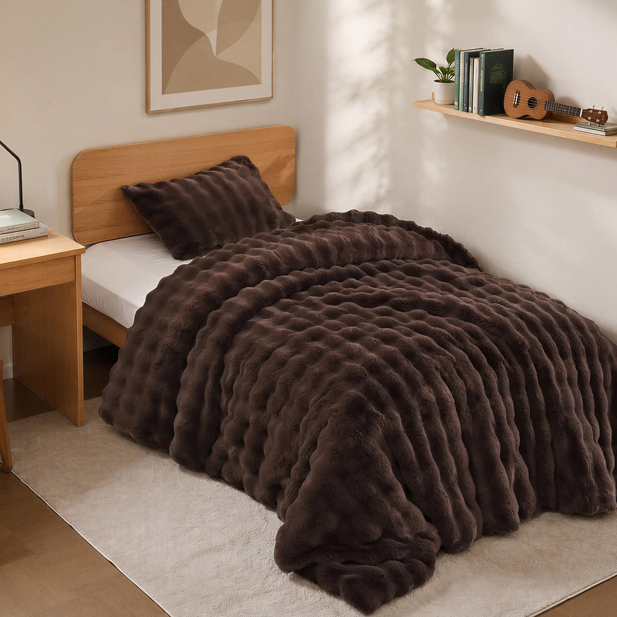 YIKUSH Queen Faux Fur Soft Comforter Set, Fluffy Linen Rabbit Fur Comforter