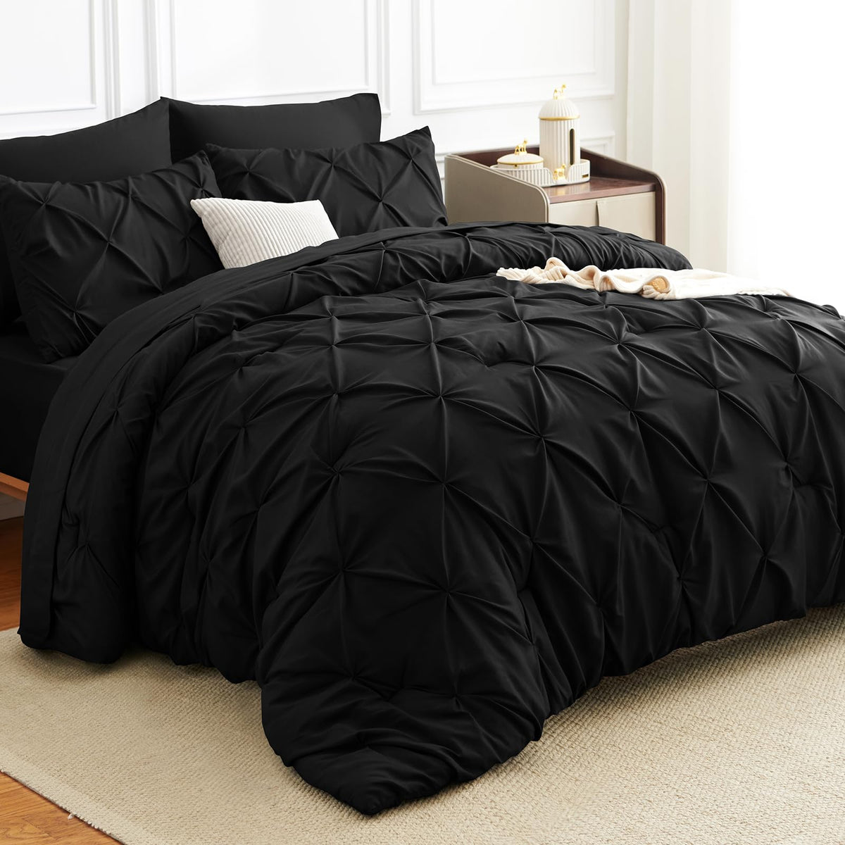 HIMEET Queen Comforter Set Black - 7 Pieces Pintuck Bed in a Bag