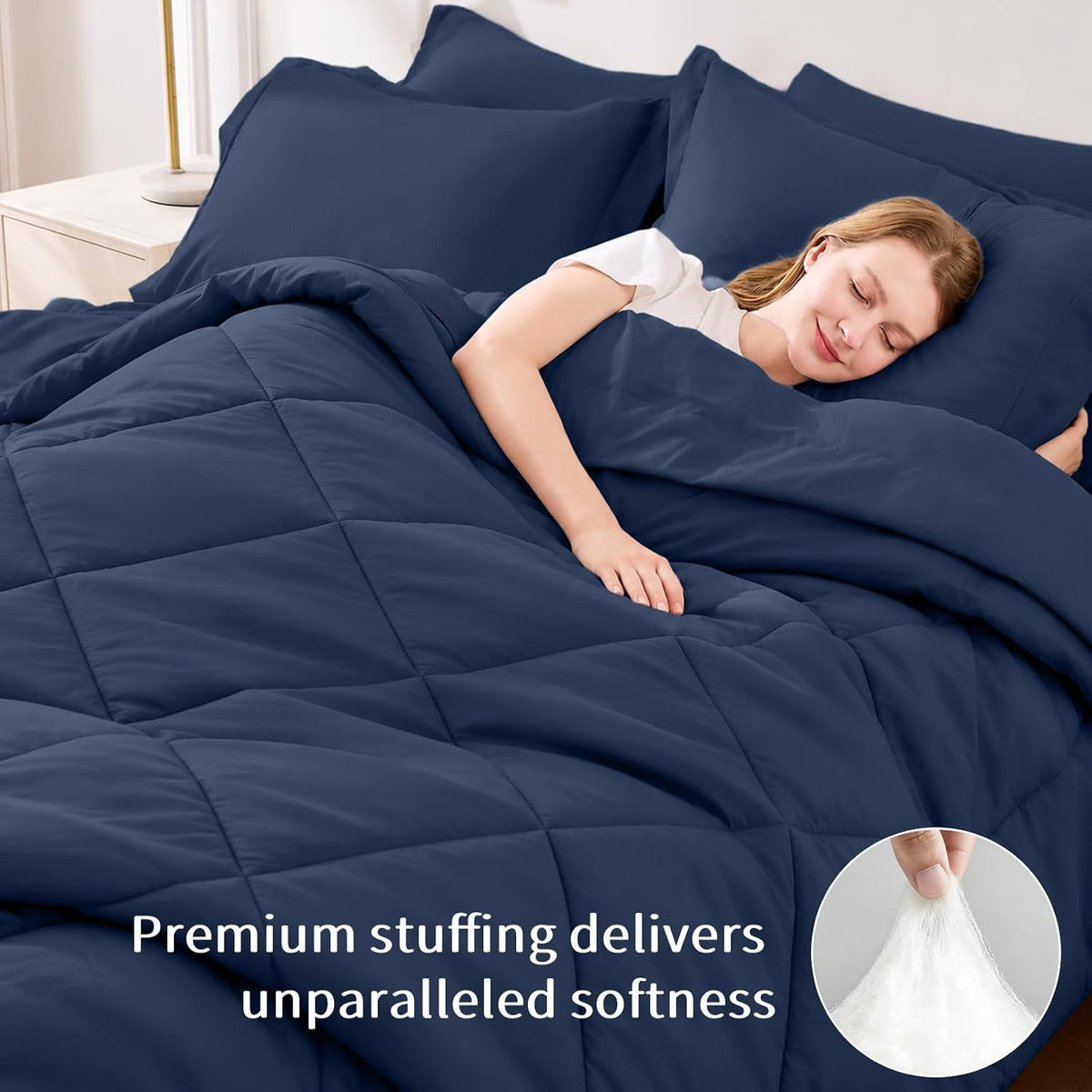 FUANNA Full Size Comforter Sets 7 PCS, Navy Blue Bed Set, Soft Bed in a Bag