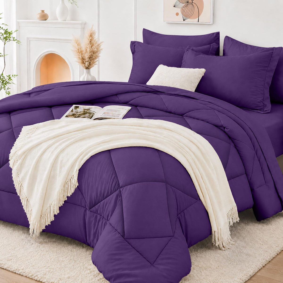 FUANNA Full Size Comforter Sets 7 PCS, Navy Blue Bed Set, Soft Bed in a Bag