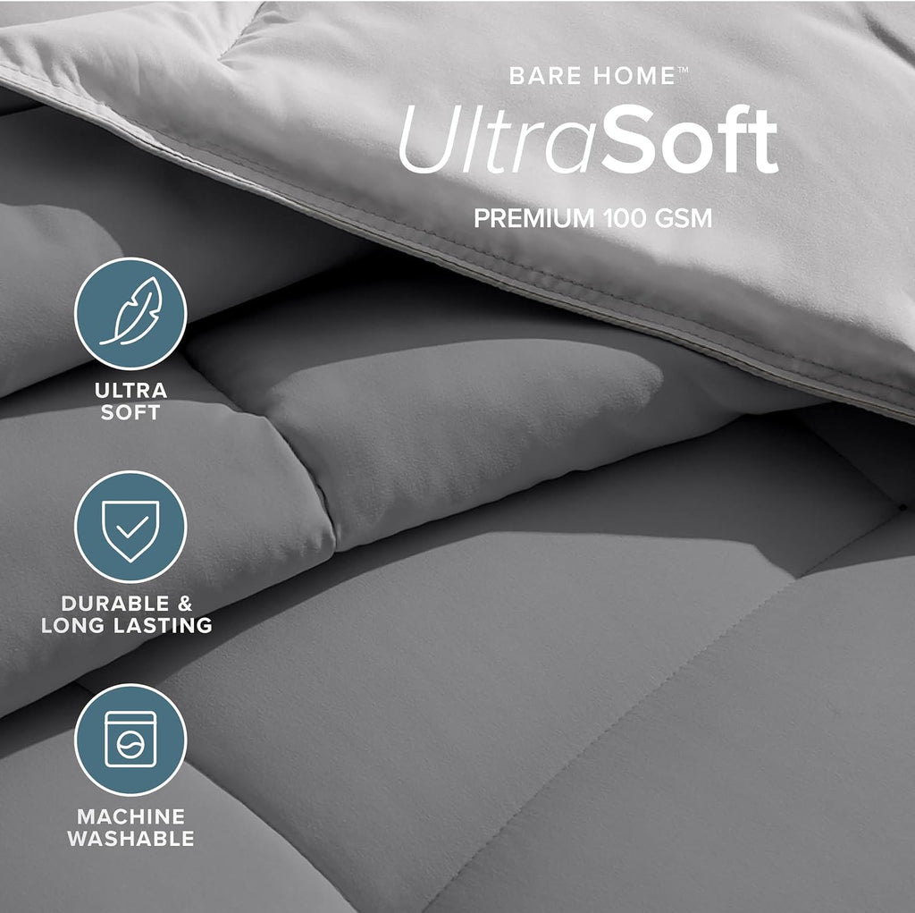 Bare Home Reversible Bed-in-A-Bag Comforter & Sheet Set - Queen - Down Alternative - Soft - Bedding Set (Queen, Light Grey/Grey)