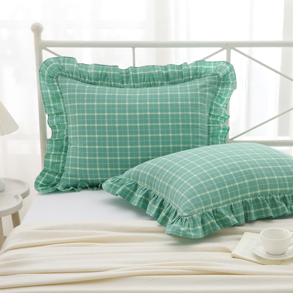 Mywinlle Taupe Plaid Gingham Ruffle Decorative Throw Pillow Covers 18"x18"