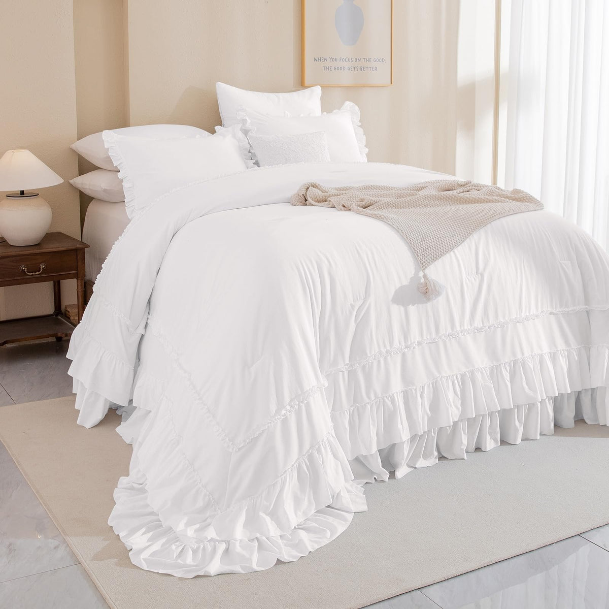 Masaca Ruffled Comforter Set Queen,Farmhouse Shabby Boho Chic Bedding Wheat and White Ruffle Comforter Vintage Rustic French Country Elegant Bedding Set 3PCS