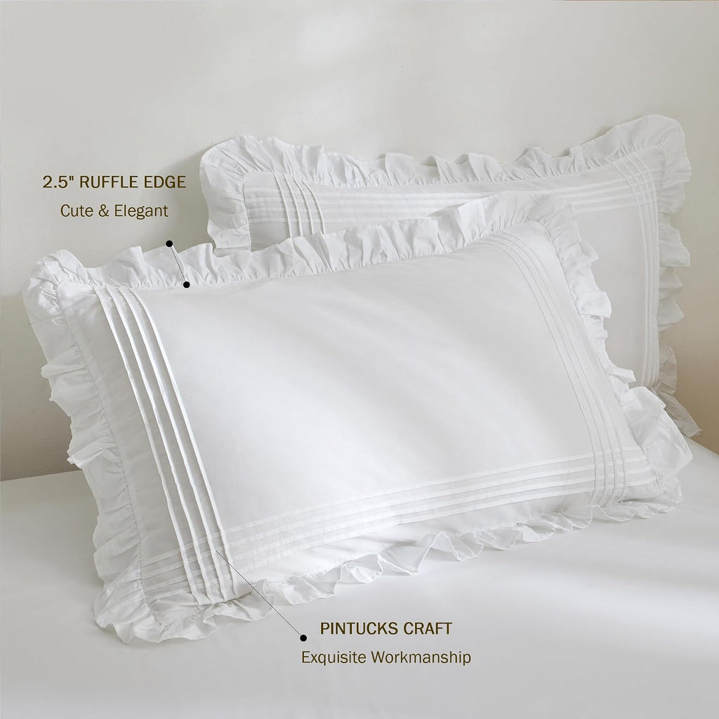 White Ruffled Pillow Shams Standard Size, 100% Cotton Pillow Cases, 20x26
