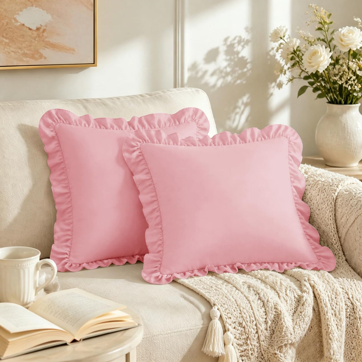 Homiest Ruffle Pillow Cases Standard Set of 2, White, 20x26 in