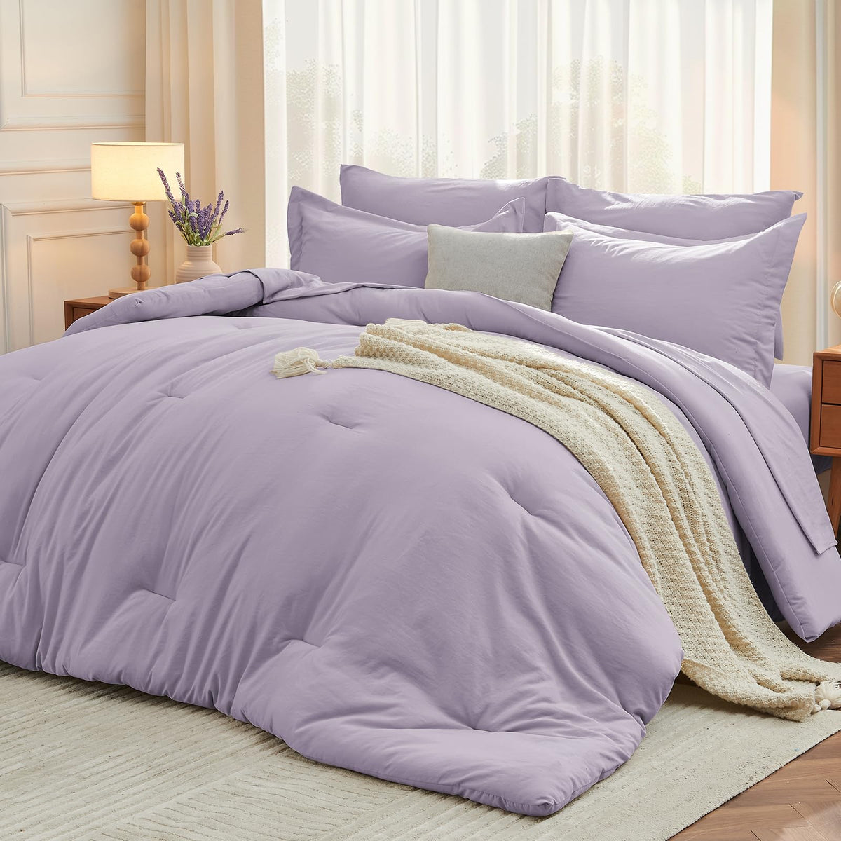 MUXHOMO King Comforter Set 7 Pieces, Soft Bed in a Bag, Beige