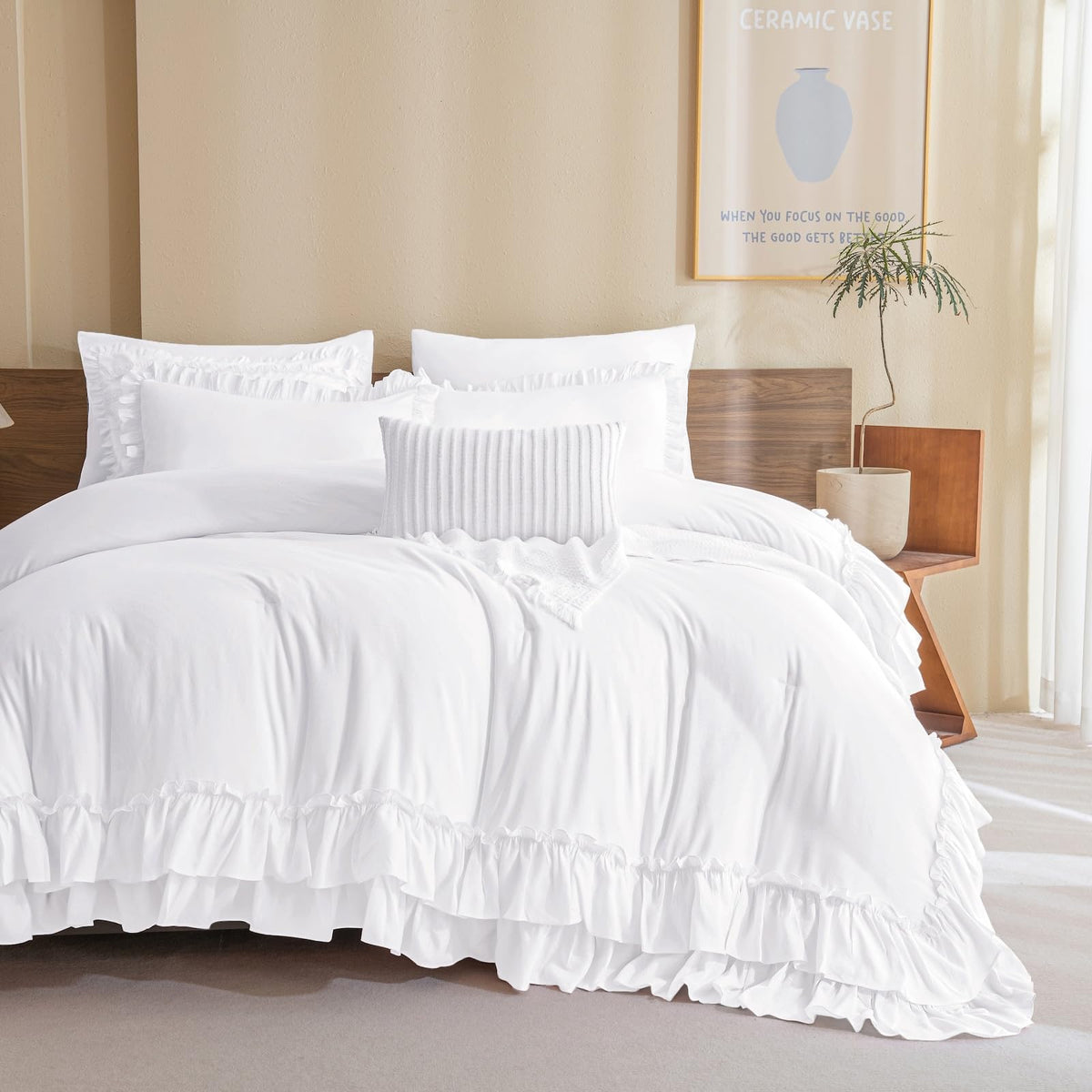 QSH Queen's House Light Blue Farmhouse Ruffled King Size Comforter Set,Lightweight Microfiber Inner Fill Fluffy Boho Chic Bedding Comforter,Ultra Soft Microfiber Inner Fill Bedding