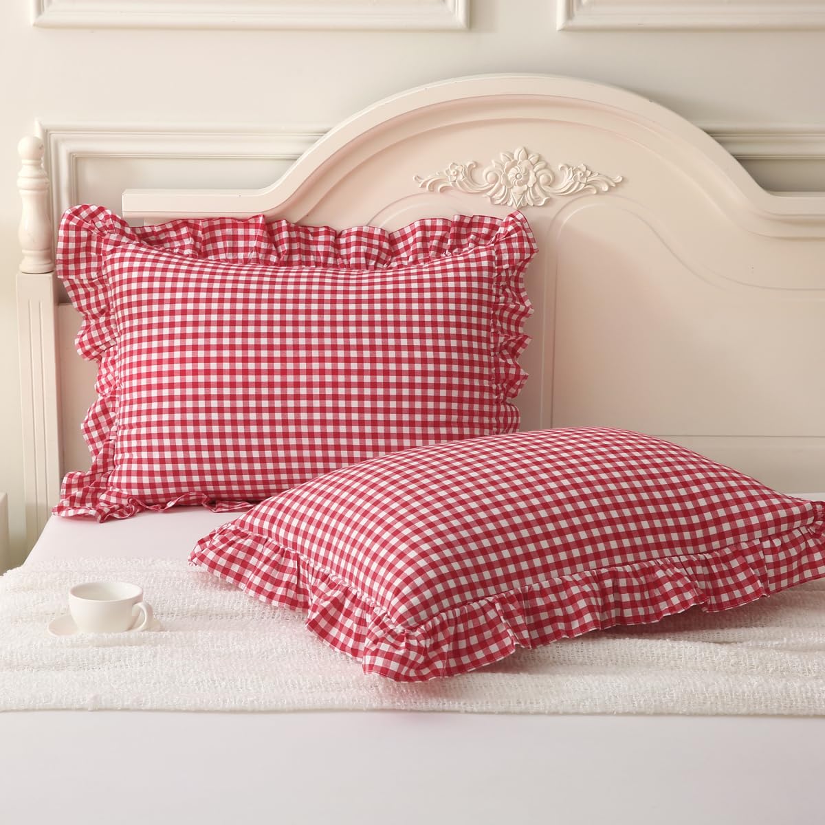 Silnuo Taupe/White Gingham Plaid Ruffled Pillow Covers Queen Size Set of 2