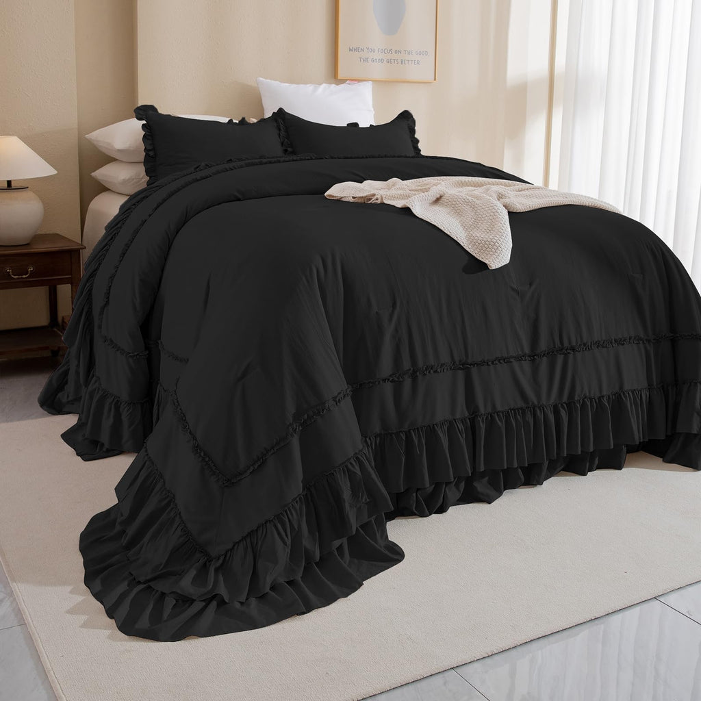QSH Queen's House Light Blue Farmhouse Ruffled King Size Comforter Set,Lightweight Microfiber Inner Fill Fluffy Boho Chic Bedding Comforter,Ultra Soft Microfiber Inner Fill Bedding
