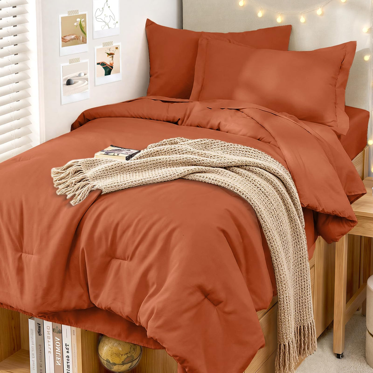 MUXHOMO King Comforter Set 7 Pieces, Soft Bed in a Bag, Beige