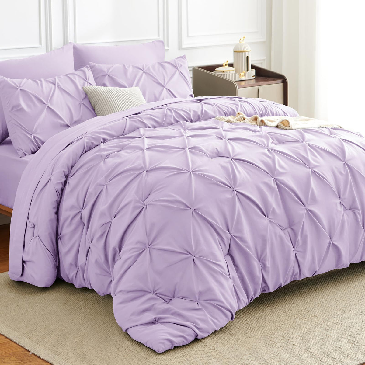 HIMEET Queen Comforter Set Black - 7 Pieces Pintuck Bed in a Bag