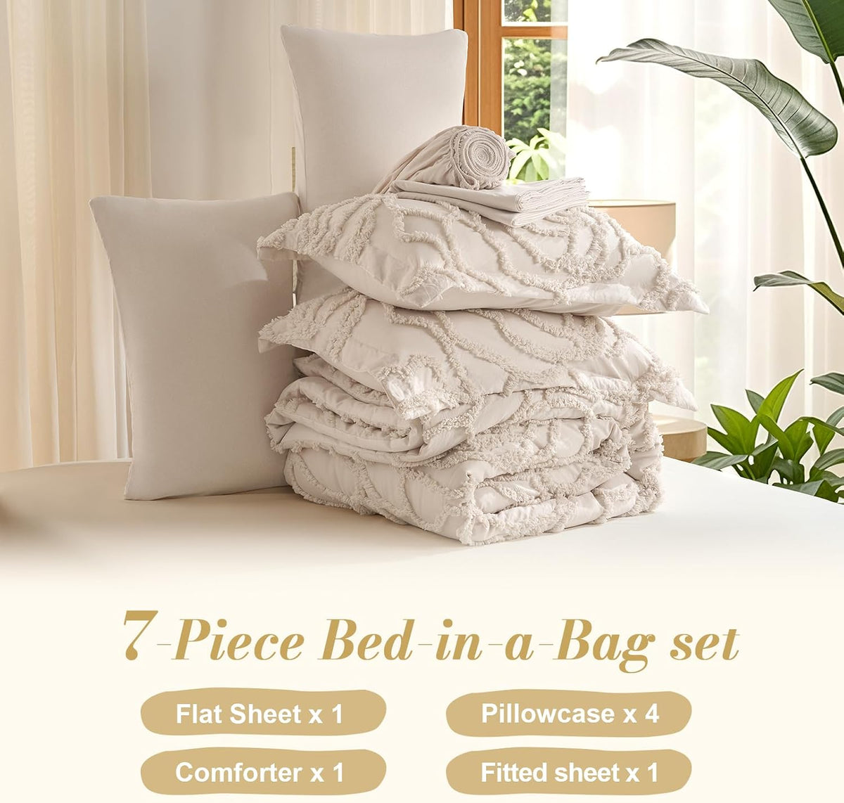 7 Pieces Comforter Set Queen Khaki Tufted Rose Soft Fluffy Boho Tufted Comforter Set All Season Bed in a Bag Set Shabby Chic Farmhouse Rustic Style Bedding